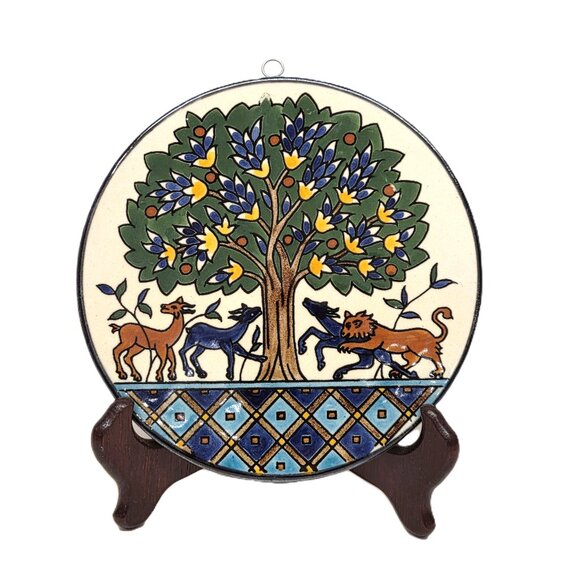Vtg Jerusalem Old City Pottery Tree of Life Tile Round Lion Wall Hanging 6.5" - Picture 1 of 4